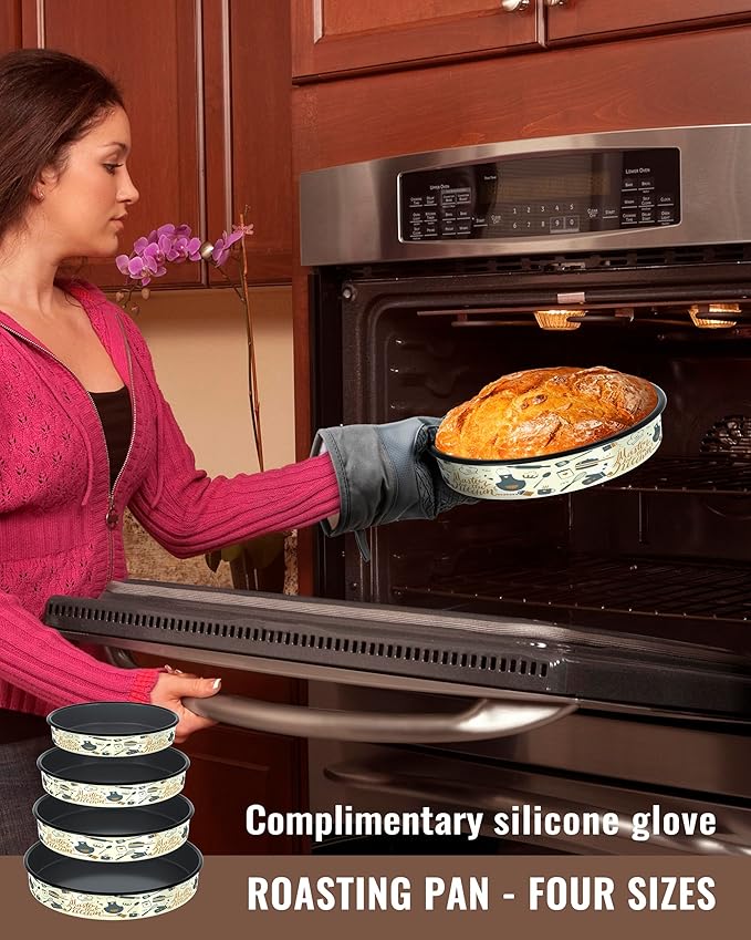 Round Baking Pan Set Roasting Dish 4-Pack 9/10/12/14 Inches Enamel Non Stick Large Cookware for Cake Bread Pie Pizza Turkey Steak, Non-Toxic Oven Dishwasher Safe Mom's Christmas Gift Bakeware