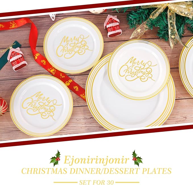 EI 60pcs Beige Disposable Plastic Dinner Plates with Gold Edge.Gold "Marry Christmas" Disposable Plate Heavy Industry Are Very Suitable for Christmas,New Year Parties,Family Dinners and Hotel Events.