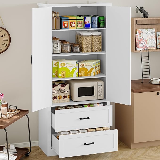Pantry Organizers and Storage Cabinet, 71??Barn Door White Kitchen Cabinet with Drawers and Adjustable Shelf, Tall Pantry for Kitchen, Dining Room, Living Room. Bathroom and Office