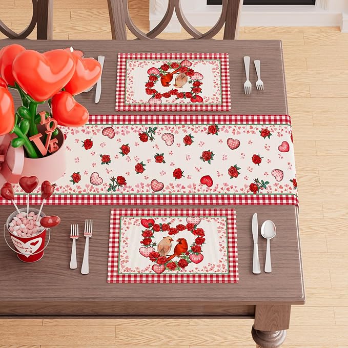 XCHI Plaid Roses Flowers Love Hearts Cardinal Valentine's Day Placemats Set of 4 Table Mats for Party Home Kitchen Dining Table Decorations 12x18 Inch