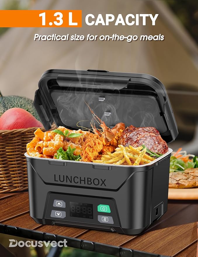 Docusvect Rechargeable Heated Lunch Box for Men, 1.3L Cordless Electric Lunch Box for Adults with Smart Scheduled Heating, Portable Food Warmer with Complete Accessories