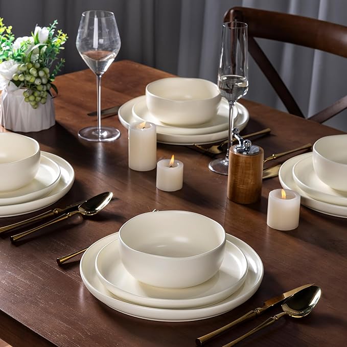 AmorArc Ceramic Dinnerware Sets, Wavy Rim StonewarePlates and Bowls Sets, Highly Chip and Crack Resistant | Dishwasher & Microwave & Oven Safe Dishes set, Service for 8 (24pc)