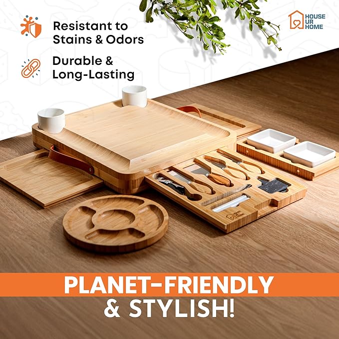 Large Bamboo Charcuterie Board Gift Set ??4 Hidden Drawers, Cheese Knives, Ceramic Bowls & Plates ??Perfect Christmas, Holiday, or Housewarming Gift