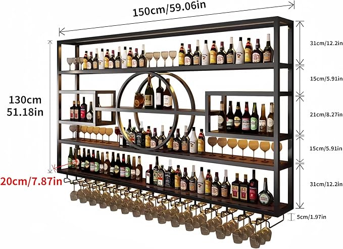 59" Metal Wine Rack Wall Mounted, Multi Functional Bar Shelves for Liquor Bottles with Glass Holder, Modern Wood Bar Shelves Wall Mounted for Home Bar & Dining Room(Black, 51" Height)