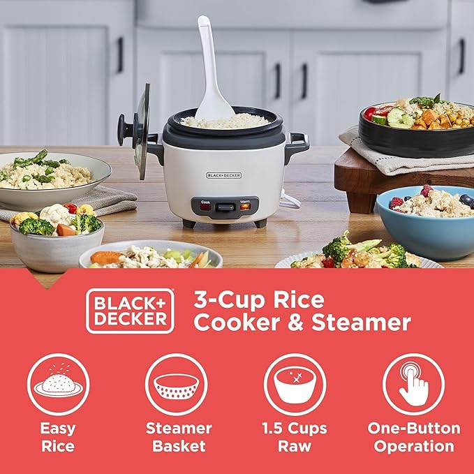 BLACK+DECKER 3-Cup Rice Cooker, RC503, 1.5-cup Uncooked Rice, Steaming Basket, Removable Non-Stick Bowl, One Touch, White