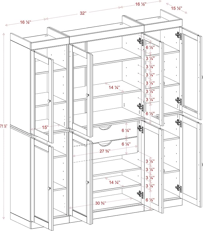 Palace Imports 100% Solid Wood Kitchen China Pantry Cabinet, 65" W - 4 Clear Glass & 4 Shaker Doors, Renewable Eco-Friendly Wood, Made in Brazil (Navy Blue, 8 China/Shaker Doors | 2 Drawers)