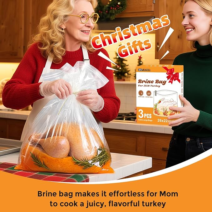 Turkey Brine Bag, Brining Bags for Turkey 25LB and Above with 3 Strings and Clips, Gifts for Mom, Dad or Men Who Loves Cooking in Kitchen, 26"x 22" Size Used for Marinating Turkey and Meat; 3PCS