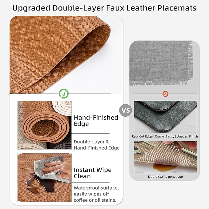 PROMATTOO Faux Leather Placemats Set of 4 – 17x12 Inch Vinyl Table Mats, Heat Resistant, Non Slip, Wipeable & Washable, Easy to Clean Dining Table Decor for Kitchen & Dining Room（Cinnamon Brown）