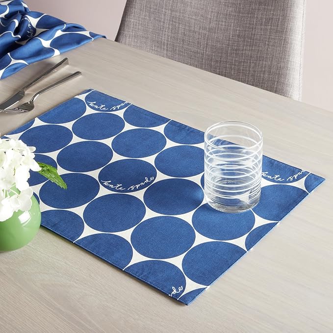 Kate Spade New York Joy Dot Placemats 4-Pack Set, Reversible, 100% Cotton, Machine Washable, Navy Blue/Cream, 13"x19"