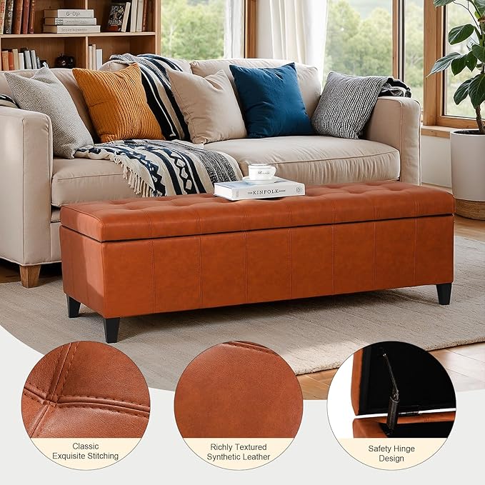 DECO DE VILLE Ottoman with Storage, 51 Inch End of Bed Storage Ottoman Bench, Faux Leather Upholstered Ottomans with Hinged Lid, Rectangle Long Foot Rest Bench for Living Room Bedroom Red Brown