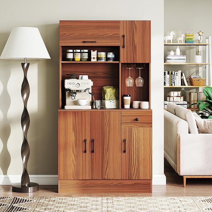 Giantex Kitchen Pantry Cabinet with Charging Station, 66" Hutch Cabinet w/Microwave Stand, Storage Drawer, Adjustable Shelves & Wine Glass Holder, Buffet Cupboard for Coffee Bar, Living Room, Walnut