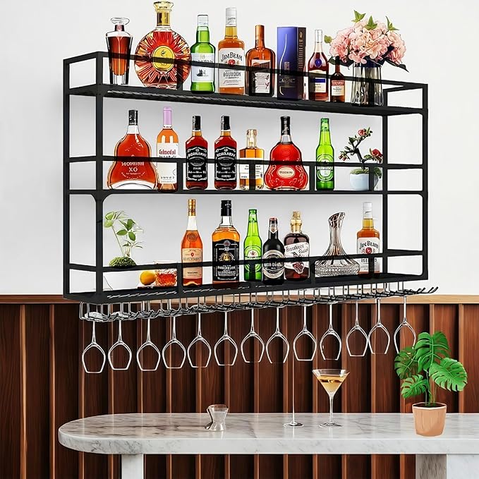 59 Inch Metal Wine Rack Wall Mounted, Bar Shelves Wall Mounted with LED Light, Large 3-Tier Liquor Bar Display Shelf with Wine Glasses for Home Bars, Dining Room & Kitchen, Black
