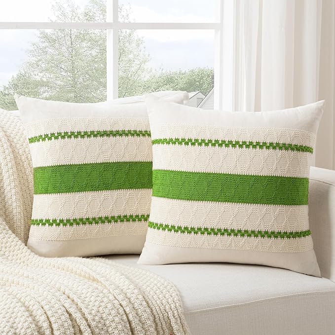 Fancy Homi Set of 2 Boho Lime Green Decorative Throw Pillow Cover 18x18 Inch for Couch Bed Sofa, Aesthetic Modern Organic Farmhouse Home Decor, Soft Cotton Cute Accent Macrame Woven Cushion Case