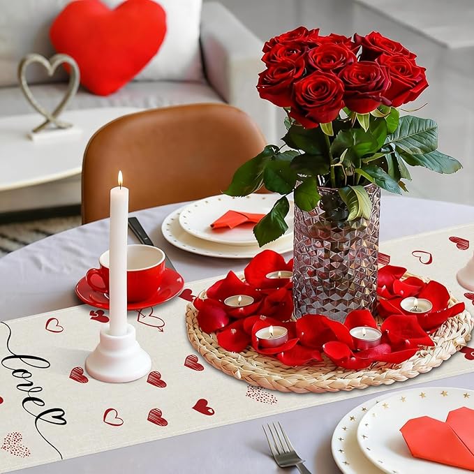 Valentines Day Table Runner 13x108 Inch, Love Hearts Valentine Table Runner, Anniversary Home Kitchen Dining Table Holiday Party Decorations (White)