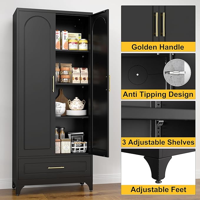 Metal Storage Cabinet with Drawers,75Inch Black Pantry Cabinets for Kitchen Storage with 3 Adjustable Shelves,Tall Kitchen Pantry Cabinet for Living Room, Dining Room竊똎ffice