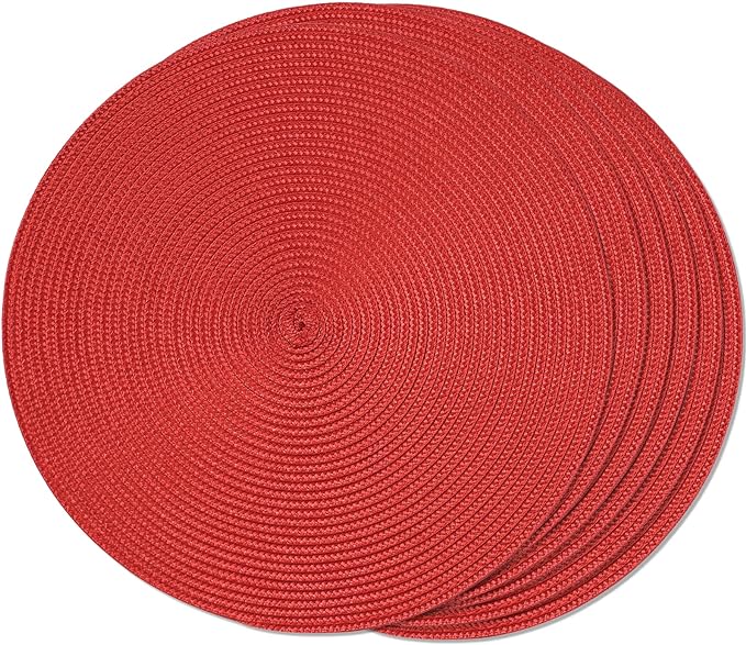 FunWheat Round Braided Placemats Set of 6 Table Mats for Dining Tables Woven Washable Non-Slip Place mats 15 inch (red, 6pcs)