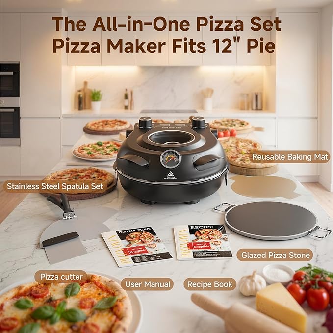 SEMSCHEF 12-Inch CrustyBake Beginner's Glazed Stone Pizza Oven: Quick 800째F Heating, Easy-Clean Design, Recipe Book & All Tools Included - Perfect for First-Time Pizza Makers at Home