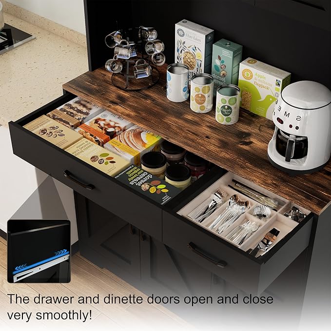 71" Pantry Cabinet with Charging Station, Kitchen Storage Cabinet with Microwave Stand, 8-Zone Organization, 2 Smooth-Glide Drawers, Open Countertop for Dining, Kitchen, Living Room (Black)