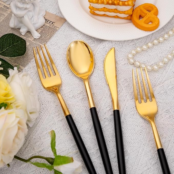 SUT Gold Plastic Silverware (160Pcs) Forks and Spoons Disposable, 80 Gold Plastic Forks, 40 Gold Knives, 40 Gold Spoons, Black and Gold Utensils Set Disposable for Parties, Weddings
