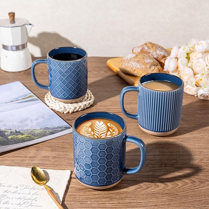 GBhome Large Coffee Mugs Set of 4, 16oz Handmade Stoneware Coffee Mugs Set with Large Handle for Cappuccino/Latte/Tea/Hot Cocoa, Dishwasher & Microwave Safe, Moonlight Blue
