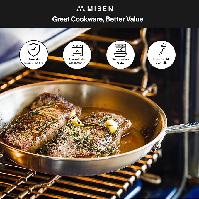 Misen 5-Ply Stainless Steel 8" Frying Pan - Professional Cookware for Induction, Gas and Electric - Dishwasher Safe, Oven Safe to 800째F - Durable, Versatile, Even Heating