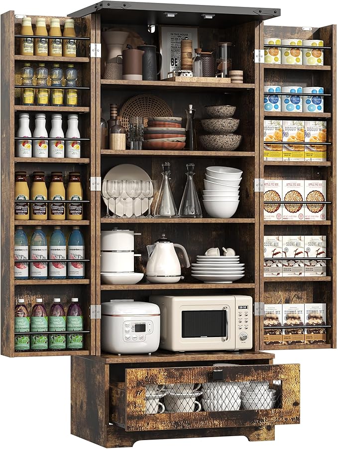 Pantry Cabinet with Adjustable Shelves and Drawer, Kitchen Cabinet Buffet Cupboards Storage for Home Office (Brown, 16" D x 24" W x 55" H)