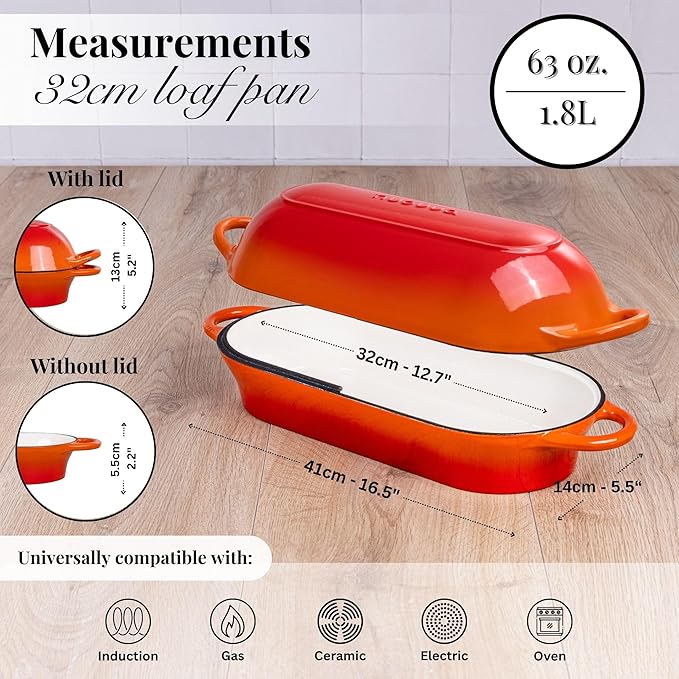 Enamelled Cast Iron Bread Loaf Pot ??Dutch Oven For Sourdough Bread Baking ??Oven Safe Non Stick Bread Pot ??Rectangular, Orange, 34cm x 16cm ??by Nuovva