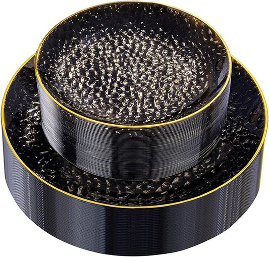 Rubtlamp 60Pcs Black Plastic Plates, Black Disposable Plates With Gold Rim, Clear Heavy-duty Party Plates, Hammered Plastic plates Include 30 Dessert Platos, 30 Dinner Platos for Party, New Year