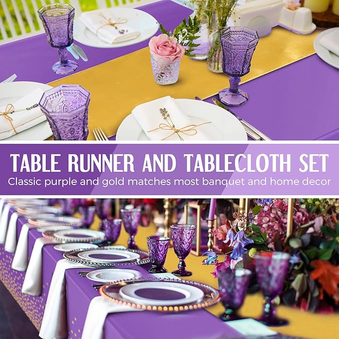 Tudomro 16 Pcs Purple and Gold Disposable Plastic Tablecloths and Satin Table Runner Set 54x108 Inch Tablecloth 12x108 Inch Table Runners for New Year Wedding Birthday Baby Shower Graduation
