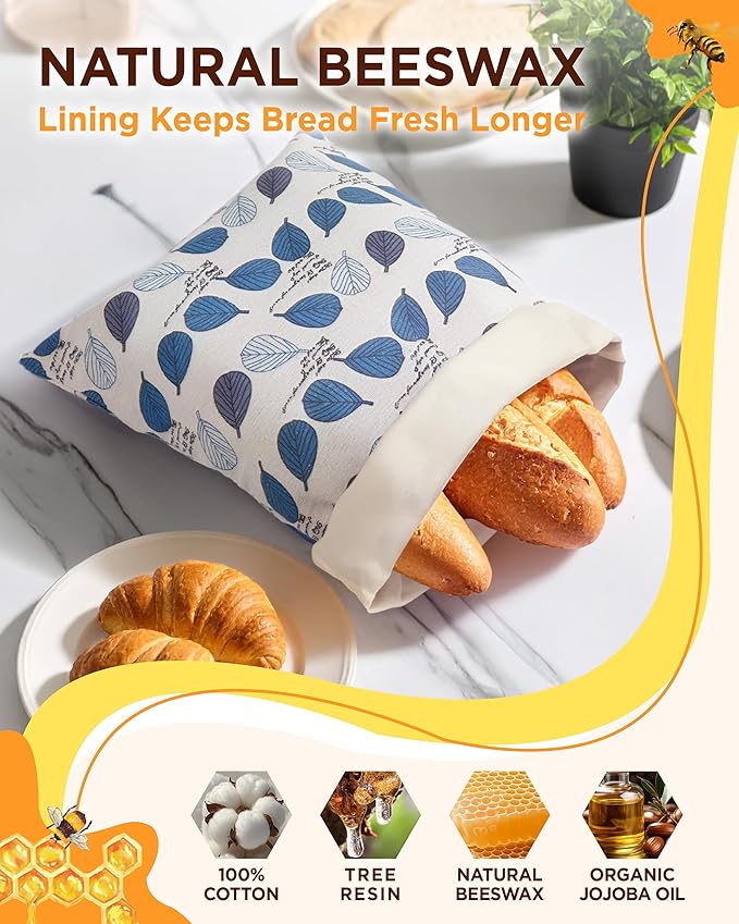 Reusable Beeswax Bread Bag for Homemade Bread, Extra Large Cotton Sourdough Bread Storage Bag, Freezer Safe Bread Keeper | Breathable material