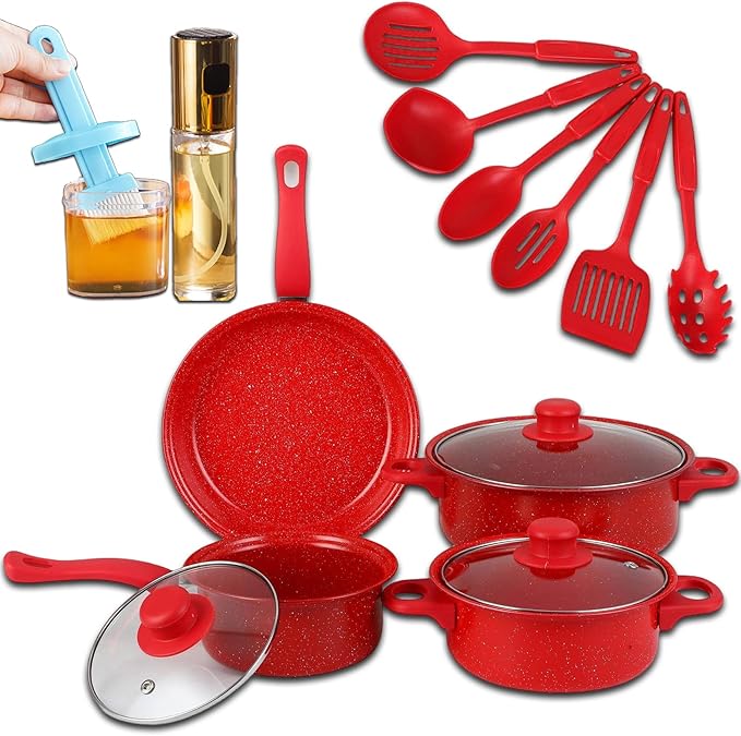 7-Piece Non-Stick Aluminum Cookware Set - Pots and Pans, Pot & Pan Sets Nonstick with Lids for Frying, Boiling, Stewing & Sauteing (Red)
