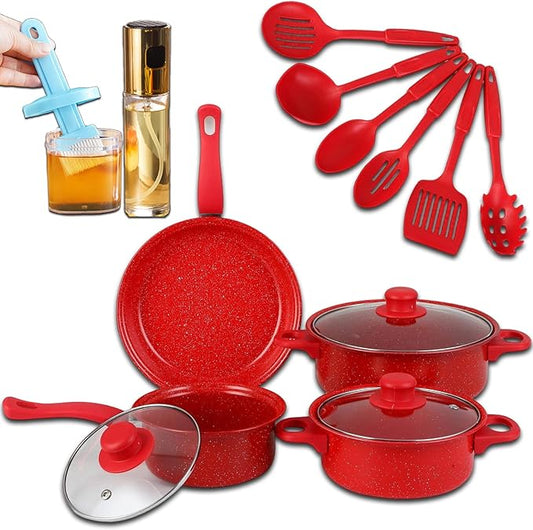 7-Piece Non-Stick Aluminum Cookware Set - Pots and Pans, Pot & Pan Sets Nonstick with Lids for Frying, Boiling, Stewing & Sauteing (Red)
