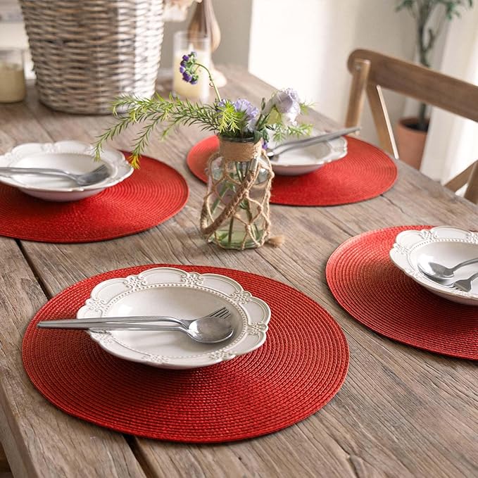 FunWheat Round Braided Placemats Set of 6 Table Mats for Dining Tables Woven Washable Non-Slip Place mats 15 inch (red, 6pcs)