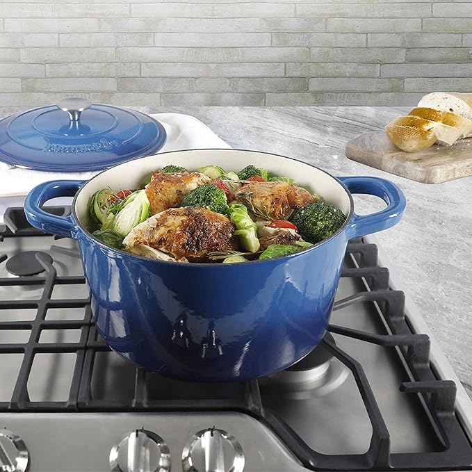 Crock-Pot Artisan 7-Quart Round Enameled Cast Iron Dutch Oven ??Sapphire Blue, Durable Heavy-Duty Cookware for Slow Cooking, Baking, Roasting with Lid