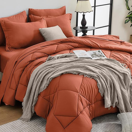 HEVUMYI Burnt Orange Queen Comforter Set - 7-Piece All Season Bed in a Bag Queen, Ultra Soft Bedding Set with Comforter, Flat Sheet, Fitted Sheet, Pillowcases, Pillow Shams
