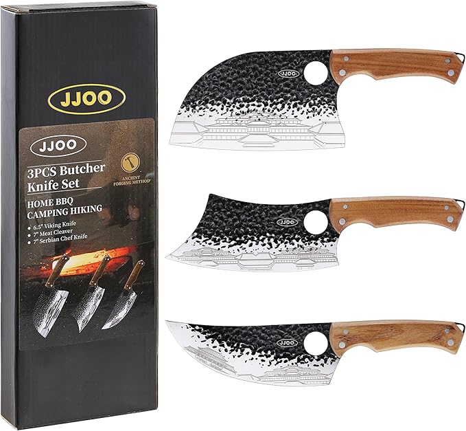 JJOO 3PCS Butcher Knife, Stainless Steel Butcher Knife Set with Wooden Handle, 7" Butcher Meat Cleaver, 7" Serbian Chef Knife and 6.5" Viking Knife, Indoor & Outdoor Use (Stylish Pattern)
