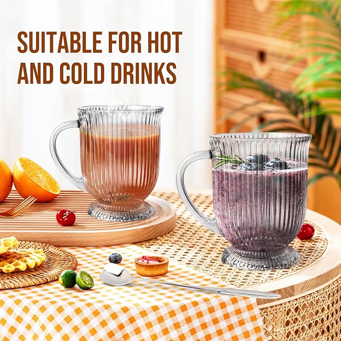 Large Ribbed Glass Coffee Mugs Set of 4,16 Oz Clear Espresso Mugs with Spoon, Glass Tea Cups with Handle Diner Latte Cup with Footed Base for Hot Beverages,Cappuccino Cups, Stylish Drinkware