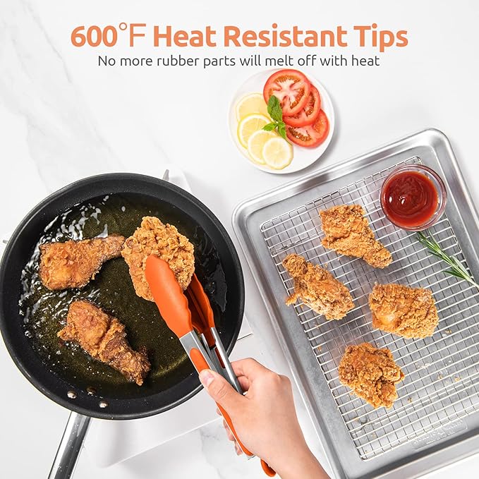 600쨘F Heat Resistant Kitchen Tongs: U-Taste 9 inch Silicone Cooking Tong with Firm Sealed Non Stick Rubber Tips & Silicon Coated 18/8 Stainless Steel Handle & Smooth Locking for Serving Grill (Orange)
