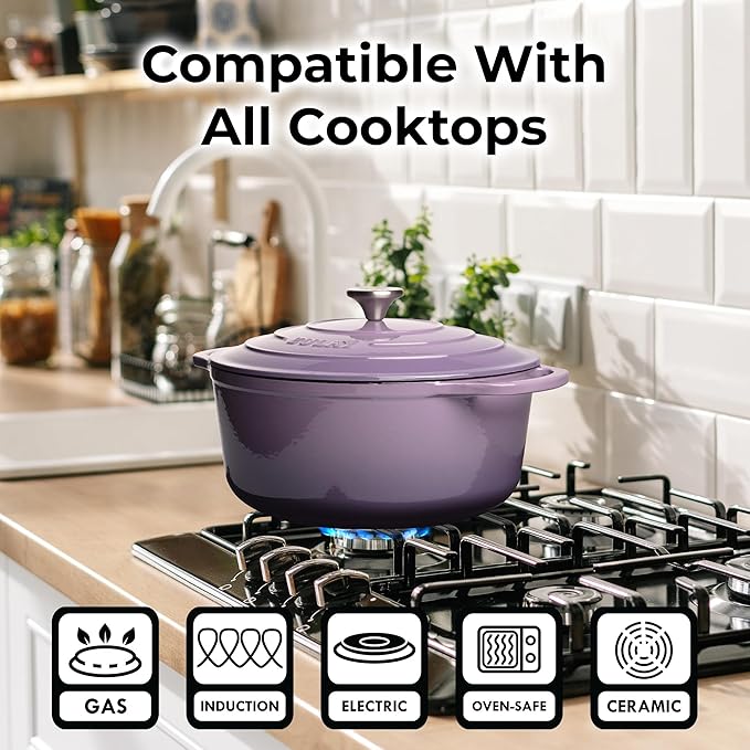 Zulay Kitchen 6 Quart Enameled Cast Iron Dutch Oven Pot with Lid ??Premium Durability & Oven Safe up to 500째F ??Heavy Duty Cookware Perfect for Bread Baking, Stews, Braising & Roasting ??Lavender Jade