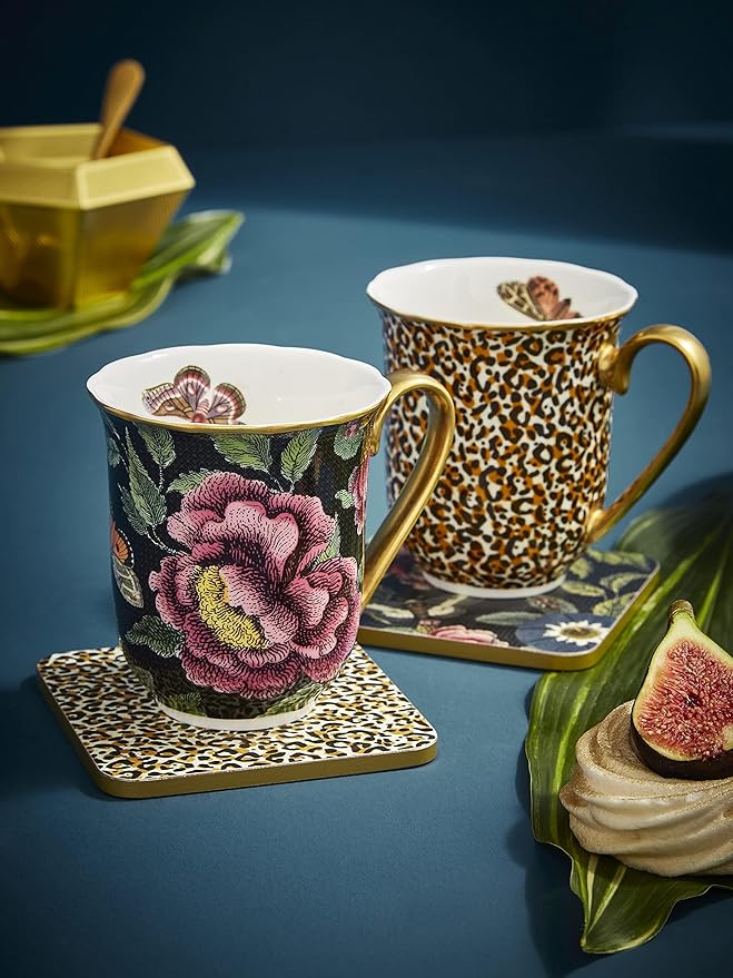 Spode Creatures of Curiosity 12oz Fine China Mug, Black Floral Pattern - Porcelain Tea & Coffee Cup with 22ct Gold Handle and Rim - Elegant Vintage Inspired Drinkware, Boxed for Gifting