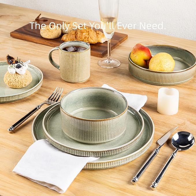 GBHOME Stoneware Dinnerware Sets for 8,Round Reactive Glaze Ceramic Plates and Bowls Set,Highly Scratch Resistant | Dishwasher & Microwave Safe Dishes Set,Service for 8(24Pcs),Desert Sage