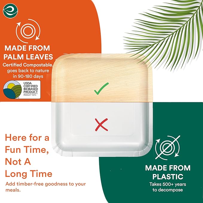ECO SOUL Palm Leaf Plates 6" Square (200 Count) - Disposable, Eco-Friendly, Biodegradable Bamboo Appetizer Plates - Perfect Dinnerware for Christmas Parties, Weddings, Events & Holidays