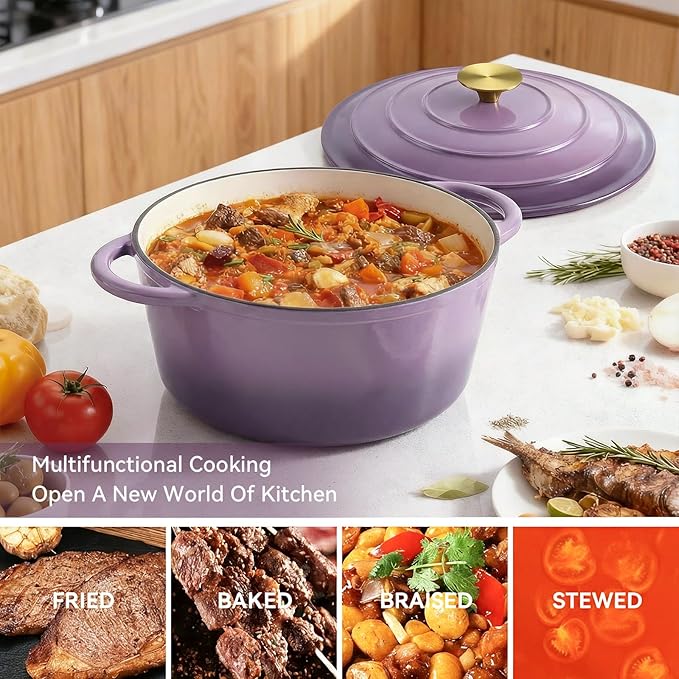 Miereirl 4.5 Quart Enameled Dutch Oven Pot with Lid, Cast Iron Dutch Oven with Dual Handles for Bread Baking, Cooking, Non-stick Enamel Coated Cookware, Purple