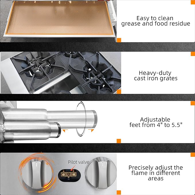 4 Burner Commercial Hot Plate, 24" Countertop Gas Stove Stainless Steel Natural Gas Range with Propane Conversion Kit Cooking Equipment for Restaurant Kitchen-100000 BTU