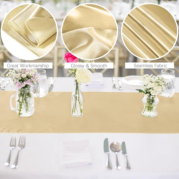 Aneco 4 Pack Satin Table Runner 12 x 108Inch Long Bright Silk and Smooth Fabric Party Table Runner for Wedding Banquet Party Decoration-Champagne