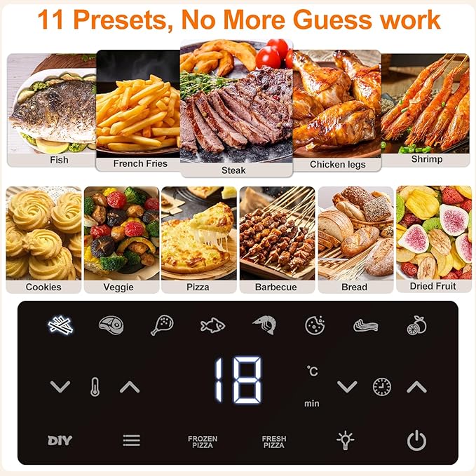 11-in-1 Air Fryer Oven with Dual Heating System, 4.5QT Nonstick Air Fryers Toaster Oven Combo Oil-Free Broil, Roast, Dehydrate, Bake, Reheat, with Window & Digital Touch Display, Fits 4 People