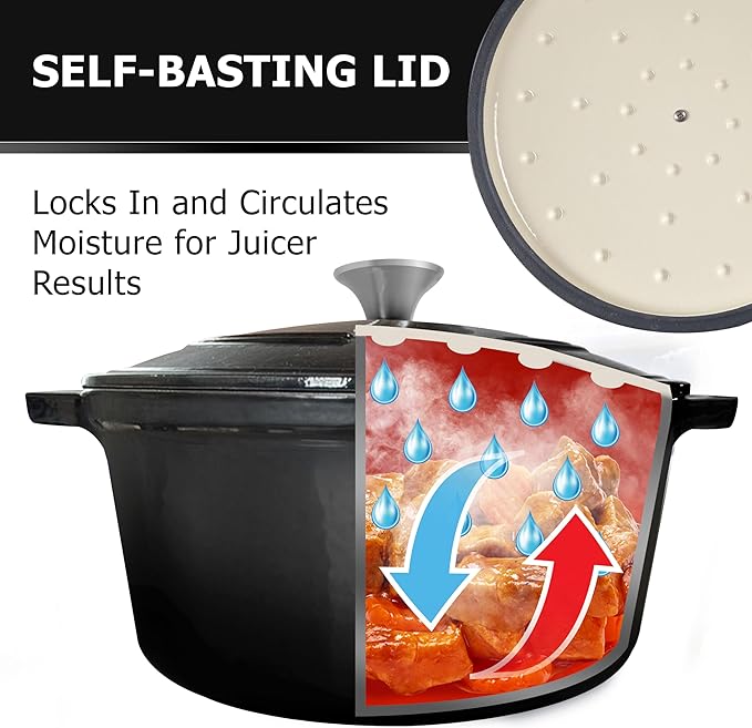MUELLER HOME 6 Quart Enameled Cast Iron Pot Dutch Oven, Heavy-Duty Oven-Safe up to 500째 F, & Across All Cooktops, Casserole Dishes for Ovens, Bread Pan with Lid and Knob, Cast Iron Cookware, Black
