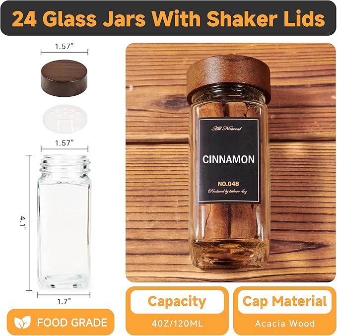 Wooden Lid Magnetic Spice Rack with 24 Jars, 216 Labels, 1 Steel Funnel for Refrigerator竊똌icrowave Oven - Full Set of Spice Organizer