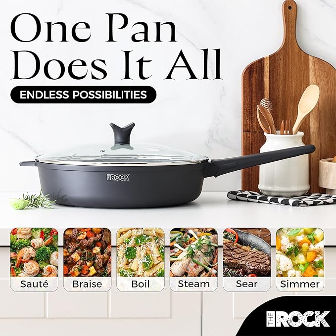 THE ROCK SOHO 4 Qt Nonstick Deep Frying Pan Skillet with Glass Lid, 11 Inch Large Deep Frying Pan, Non Stick Saute Pan ??Stay-cool Handle, Induction Compatible, Oven & Dishwasher Safe, Black