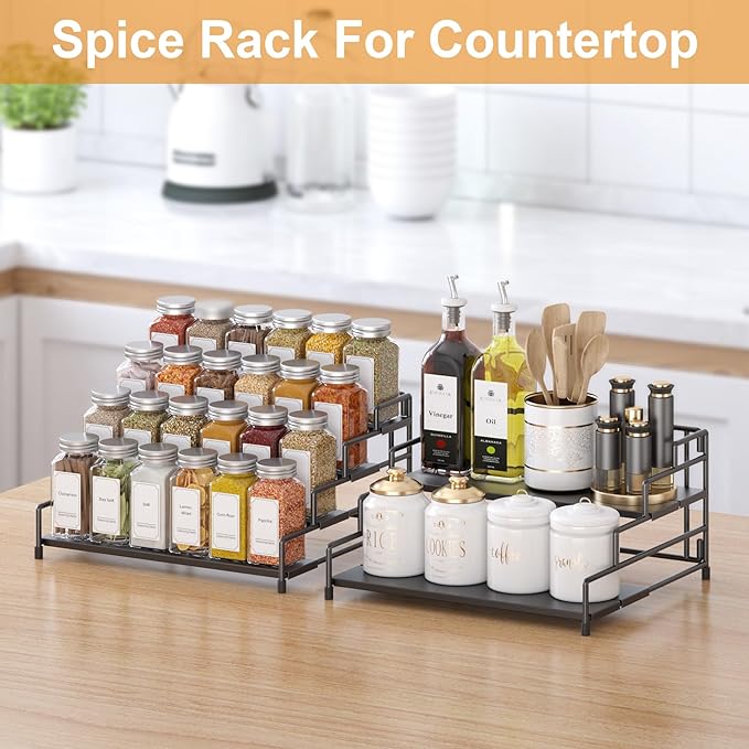 4-Tier-Spice-Rack-Organizer-for-Cabinet, Adjustable Depth Spice Holder Shelf For Countertop Pantry Cupboard, Metal Tiered Seasoning Organizer,Display Shelf Riser (Black-1 Pack)